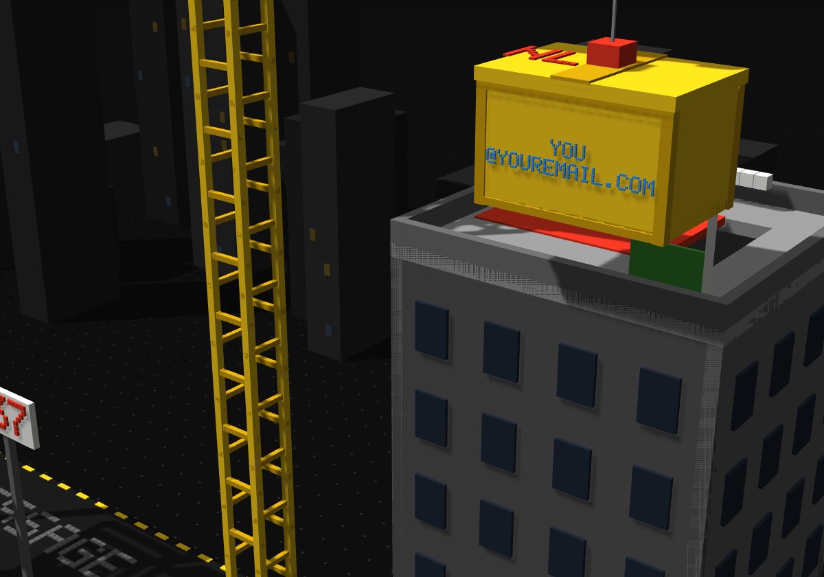 A yellow crane lowering a crate with an email address painted on it onto the roof of the Northline tower