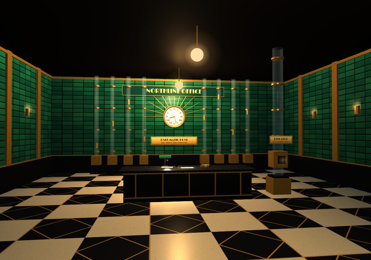 An art deco mail hall with green tile walls, a brass clock and a wall of glass pneumatic tubes