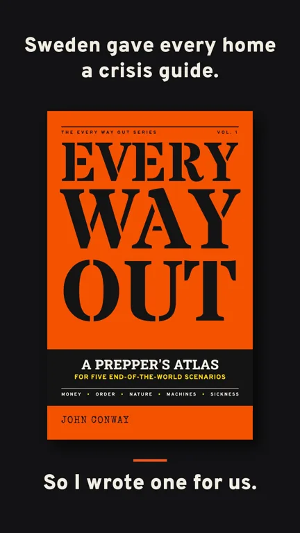 Thumbnail: the Every Way Out book cover, with Sweden gave everyone a crisis booklet